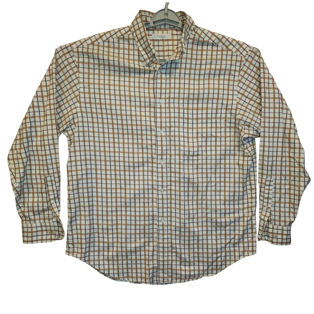 Turnbury Mens Large 35 Plaid Button Down‎ Shirt White Brown Purple 100% Cotton